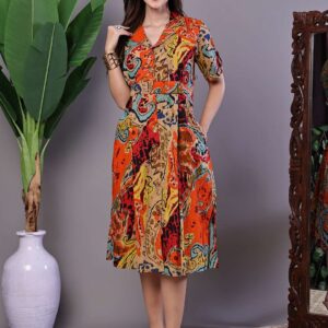 Women's Bohemian Chic Multi-Color Paisley Print Cotton Collared Midi Dress