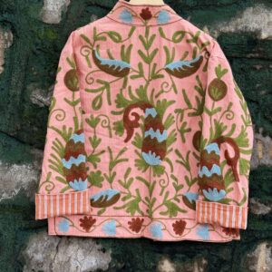 Womens Light Pink Velvet Embroidered Jacket with Floral Design