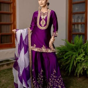Women's Chinon Silk Sequence Embroidery Work Straight Kurti With Sharara Suit and Dupatta Set