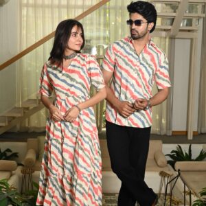 Couple Matching Cream Cotton Anarkali Midi Dress and Shirt Set ? Wavy Red & Blue Stripes