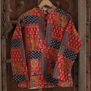 Womens Red Velvet Embroidered Jacket with Floral Design