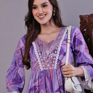 Wome's Purple Floral Cotton A-Line Dress with Lace Detailing Midi Dresses