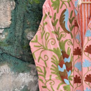 Womens Light Pink Velvet Embroidered Jacket with Floral Design