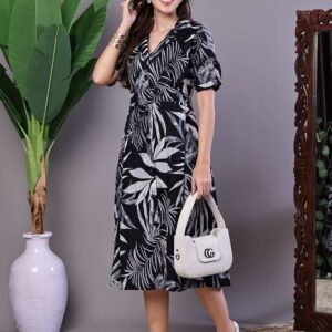 Women's Tropical Palm Print Black & White Cotton Shirt Dress