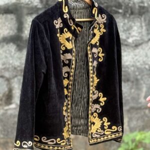 Womens Black Velvet Embroidered Jacket with Floral Design