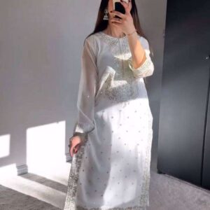 Women's Georgette Embroidery Sequence Work with Rivet Moti Work Straight Kurti With Pant and Dupatta Set