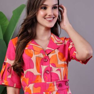 Women's Pink & Orange Abstract Print Cotton Shirt Dress