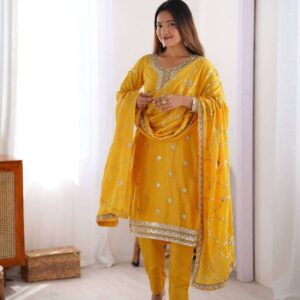 Women's Chinon Silk Embroidered Straight Kurti with Pant And Dupatta Set