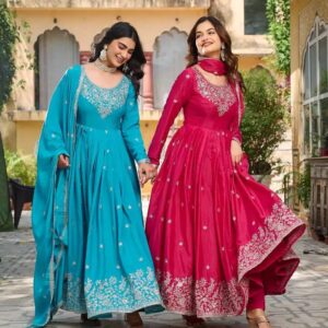 Women's American Silk Sequence Embroidery Long Anarkali Kurti Gown With Dupatta