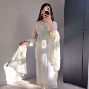 Women's Georgette Embroidery Sequence Work with Rivet Moti Work Straight Kurti With Pant and Dupatta Set