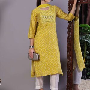 Women's Mustard Yellow Chevron Print Chanderi Kurta Set with Mirror Work Suit Sets