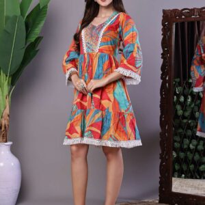 Wome's Vibrant Print Cotton Tunic Dress with Crochet Lace & Three-Quarter Sleeves Midi Dresses