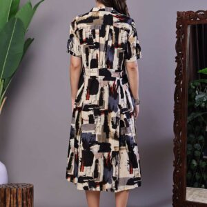 Women's Beige & Black Abstract Print Cotton Shirt Dress Midi Dresses
