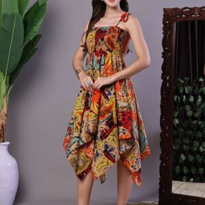 Women's Multicolor Abstract Printed Cotton Handkerchief Hem Dress Midi Dresses