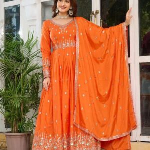 Women's American Silk Sequence Embroidery Long Anarkali Kurti (Gown) With Dupatta