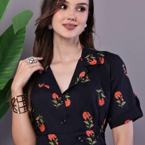 Women's Elegant Indigo & Orange Floral Block Print Cotton Shirt Dress