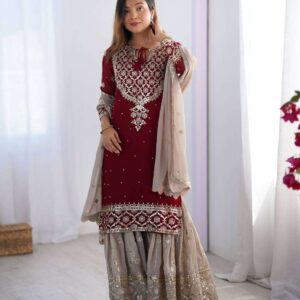 Women's Faux Georgette Sequins Embroidered Straight Kurta With Sharara Suit and Dupatta Set