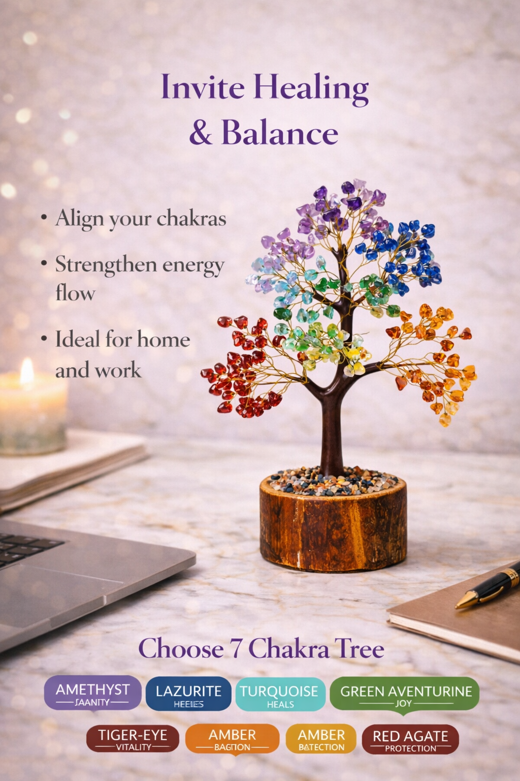 Crystal Tree Good Luck Showpiece for Home Decor Items Crystals Gemstones Bonsai Money Tree for Good Luck, Decoration Gift Item (Seven Chakra) - Image 3