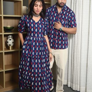 Couple Matching Navy Blue Cotton Anarkali Midi Dress and Shirt Set ? Red & White Abstract Print