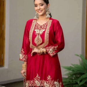 Women's Chinon Silk Sequence Embroidery Work Straight Kurti With Sharara Suit and Dupatta Set