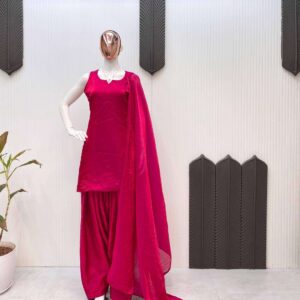 Women's Fendi Silk Solid Semi Stitched Sleeveless Kurti With Salwar and Dupatta set