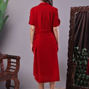 Women's Red Velvet Solid Printed Shirt Midi Dress with Belt