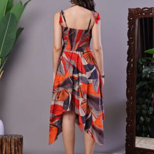 Women's Rust & Grey Abstract Print Cotton Handkerchief Hem Dress Midi Dresses
