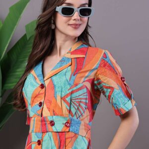 Women's Tropical Print Button-Down Cotton Midi Dress
