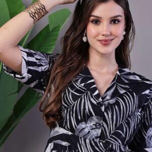 Women's Tropical Palm Print Black & White Cotton Shirt Dress