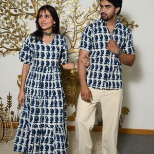 Couple Matching White And Blue Printed Cotton Anarkali Midi Dress & Shirt Set ? Summer Casual Wear
