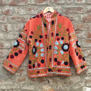 Womens Orange Velvet Embroidered Jacket with Floral Design