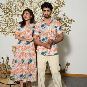 Couple Matching Abstract Print Cotton Anarkali Midi Dress & Shirt Set ? Multicolor Summer Outfit