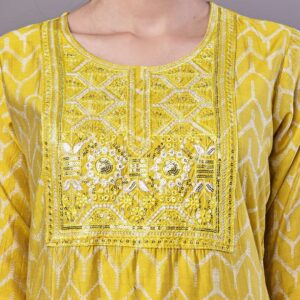 Women's Mustard Yellow Chevron Print Chanderi Kurta Set with Mirror Work Suit Sets