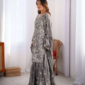 Women's Chinon Silk Embroidery Sequence Work Straight Kurti With Sharara Suit and Dupatta Set