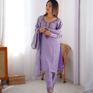 Women's Chinon Silk Sequence And Thread Work Straight Kurti With Pant and Dupatta Set