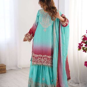 Women's Chinon Silk Sequence With Rivet Moti Work Straight Kurta With Sharara and Dupatta Set