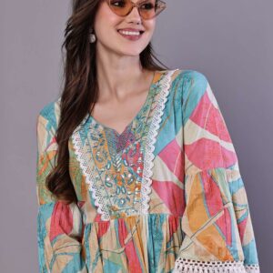 Wome's Multicolor Printed Cotton A-Line Dress with Embroidered Yoke Midi Dresses