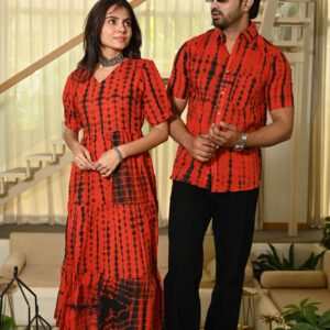 Couple Matching Red Printed Cotton Anarkali Midi Dress & Shirt Set ? Summer Casual Wear