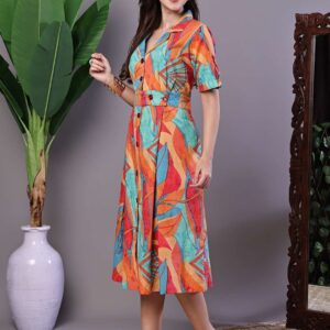 Women's Tropical Print Button-Down Cotton Midi Dress