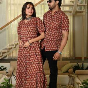 Couple Matching Red Cotton Anarkali Midi Dress and Shirt Set ? Gold Leaf Block Print