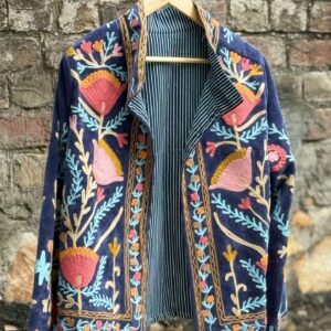 Womens Navy Blue Velvet Embroidered Jacket with Floral Design