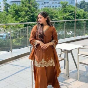 Women's Georgette Sequence Moti Work Straight Kurti With Salwar and Dupatta Set