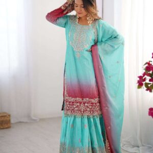 Women's Chinon Silk Sequence With Rivet Moti Work Straight Kurta With Sharara and Dupatta Set