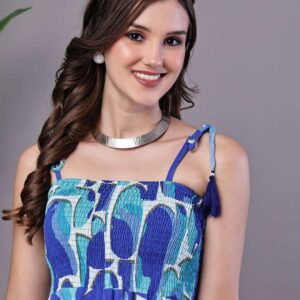 Women's Blue Printed Cotton Handkerchief Hem Dress Midi Dresses