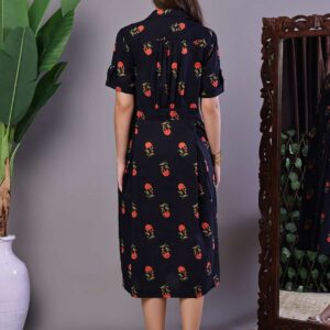 Women's Elegant Indigo & Orange Floral Block Print Cotton Shirt Dress