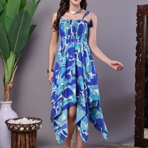 Women's Blue Printed Cotton Handkerchief Hem Dress Midi Dresses