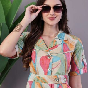 Women's Pastel Abstract Print Button-Down Cotton Midi Dress