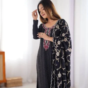 Women's Chinon Silk Sequence And Thread Work Straight Kurti With Pant and Dupatta Set