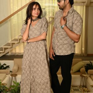 Couple Matching Beige Cotton Anarkali Midi Dress and Shirt Set ? Swirl Block Print