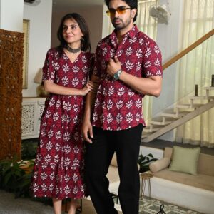 Couple Matching Maroon Cotton Printed Anarkali Midi Dress & Shirt Set ? Casual & Festive Wear